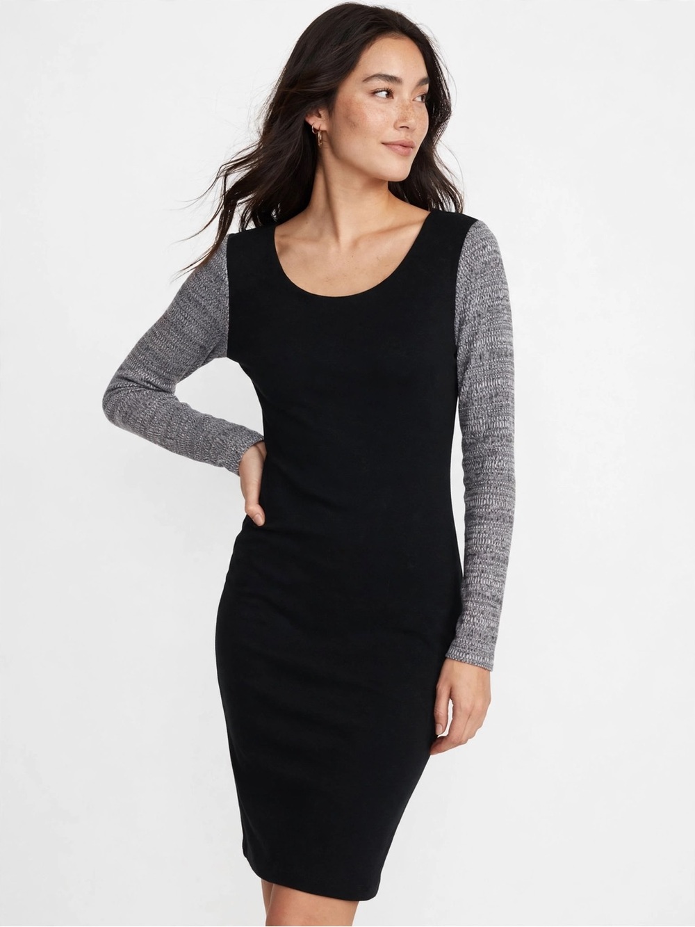 LNA M Black Bodycon Midi Dress Metallic Long Sleeve Scoop Neck Made In USA